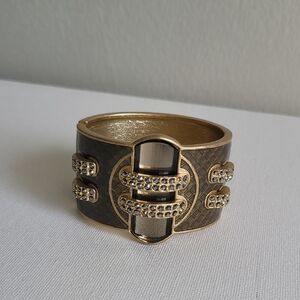 Lia Sophia Gold Tone and Brown Enamel Cuff Bracelet with Rhinestones